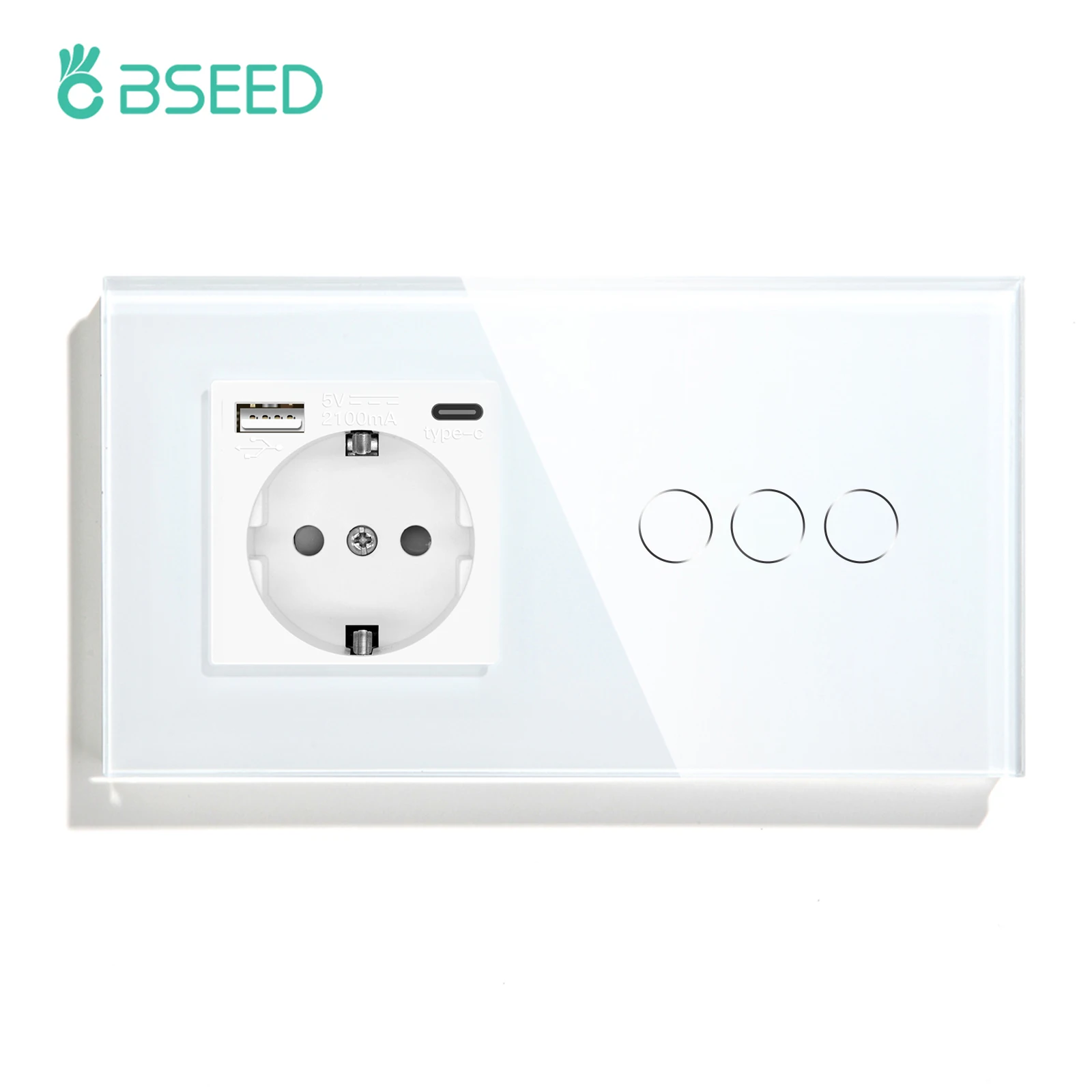 Bseed Wand Stopcontact Met 1/2/3 Bende 1way Touch Light Schakelaar Usb Type-C Lading Stopcontact Glas Paneel Witte Wandschakelaar