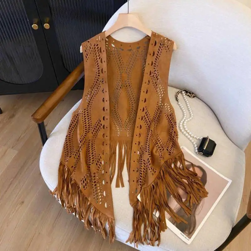 Colete Vintage camurça oco Tassel do mulheres, colete listrado