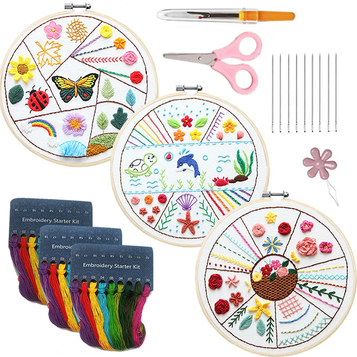 2Set DIY Cross Stitch Kit Sewing Craft Kit With Hoop Colorful Needles Pattern Embroidery Set Needlework Tool Printed Embroidery