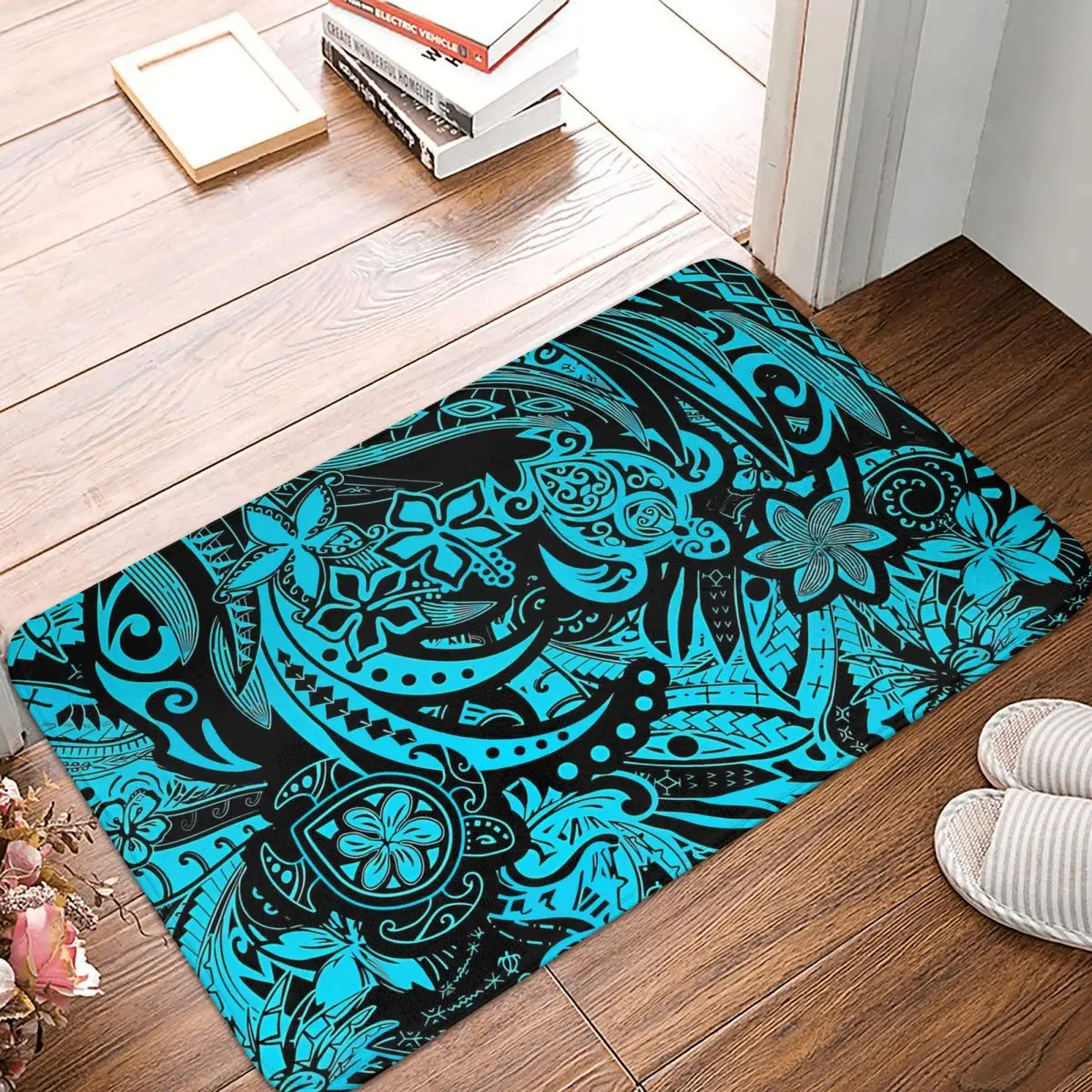 Samoan Bath Non-Slip Carpet Hawaiian Polynesian Teal Tribal Threads Living Room Mat Welcome Doormat Floor Decor Rug