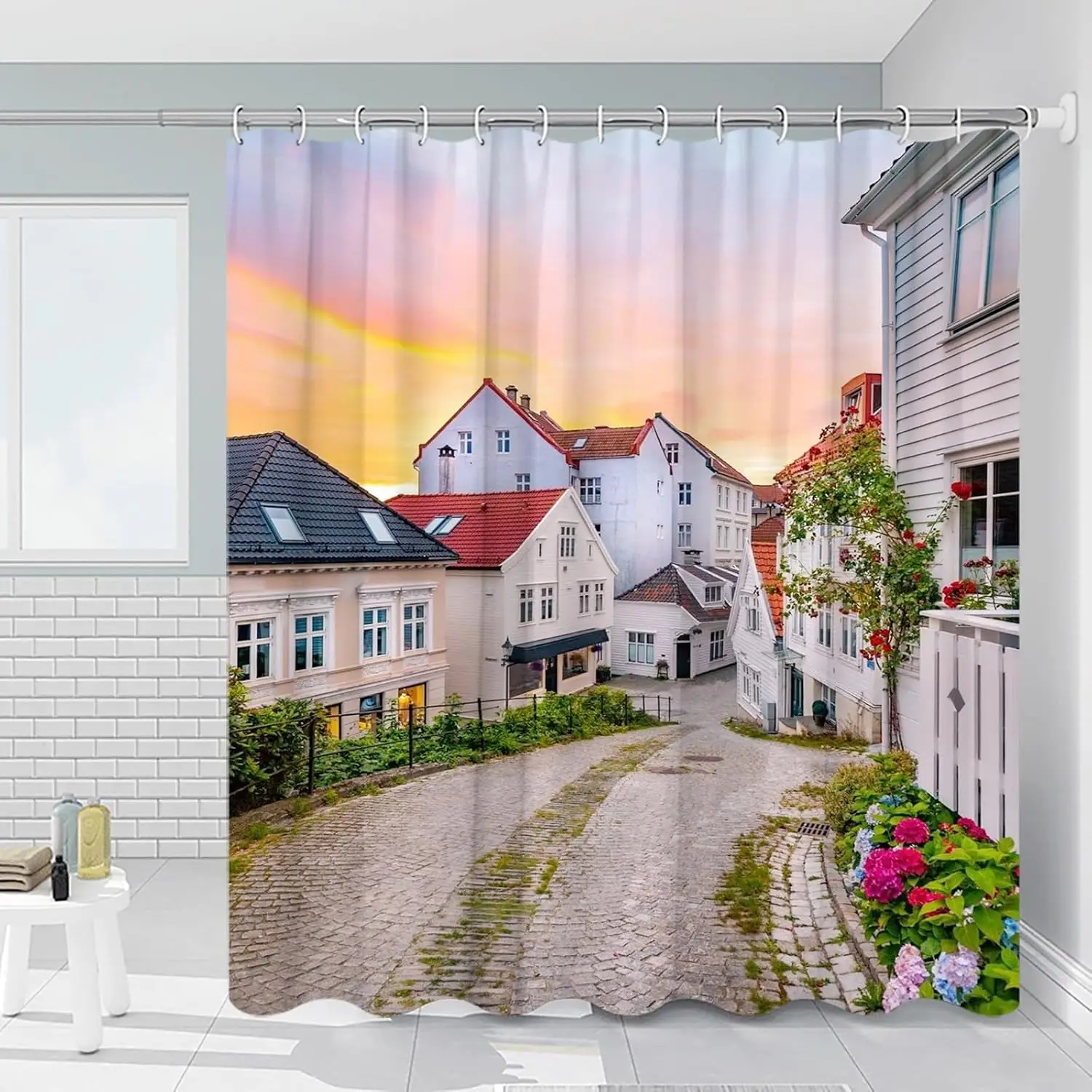 

Small Town Scenery Shower Curtain Street Evening Shade Vine Green Leaf Flower Plant Nature Scenery Sky Bathroom Decoration