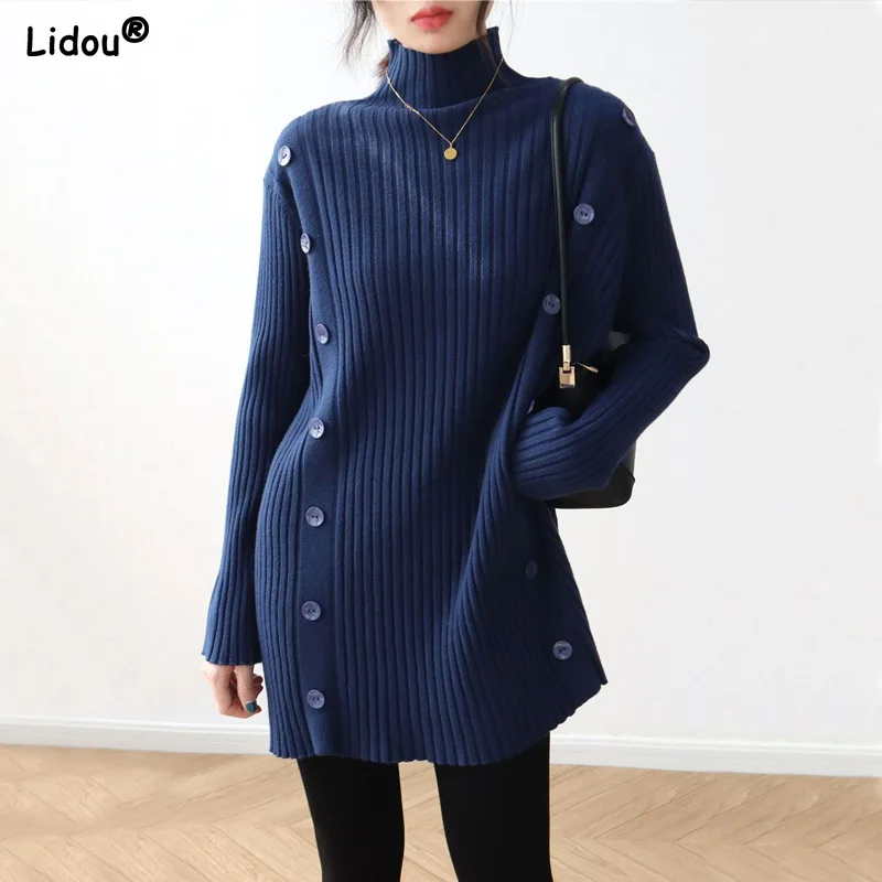 

Classic Elegant Fashion Office Lady T-Shirts Loose Straight Pullovers Solid Patchwork Button Women's Clothing Autumn Winter Thin