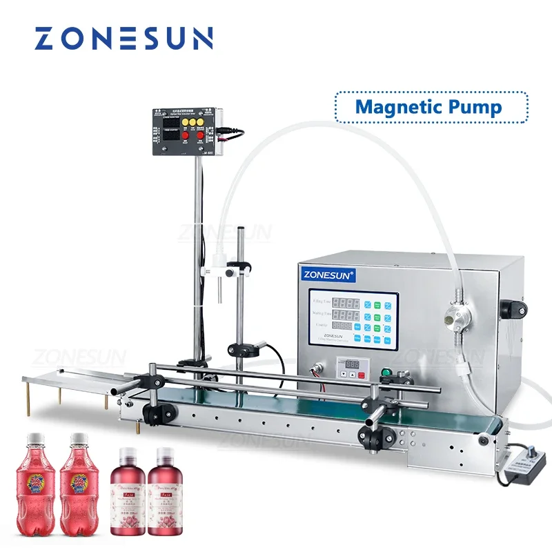 

ZONESUN Автоматический магнитный насос для розлива жидкостей с цифровым управлением и 1200 мм конвейерной лентой Наполнитель для бутылок сока ZS-DTMP1S