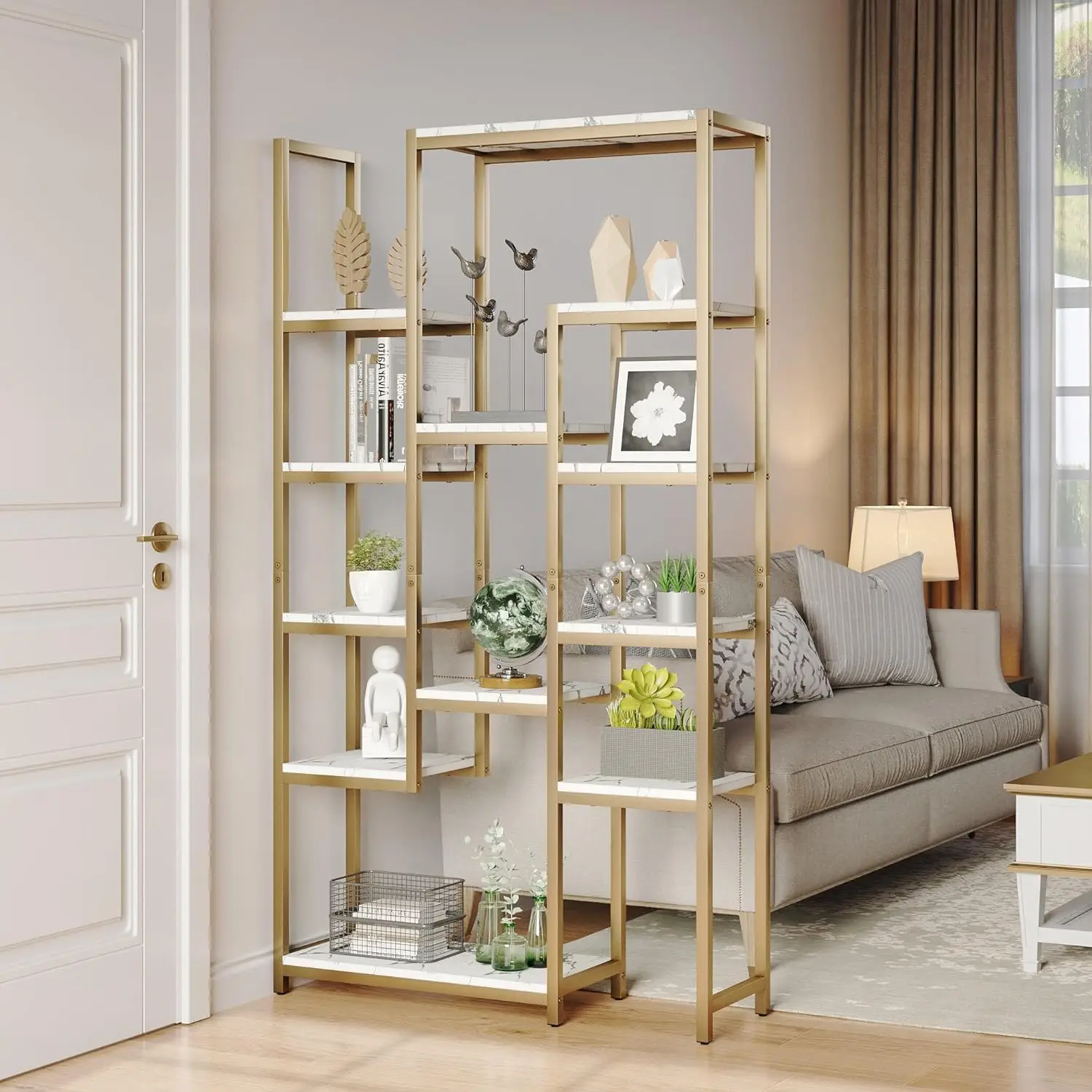 Modern Free Standing Estante De Ouro, 12 Prateleira Estante, Faux Marble Display, Armazenamento Prateleiras De Livros, 71 "Alto, 6 Camadas