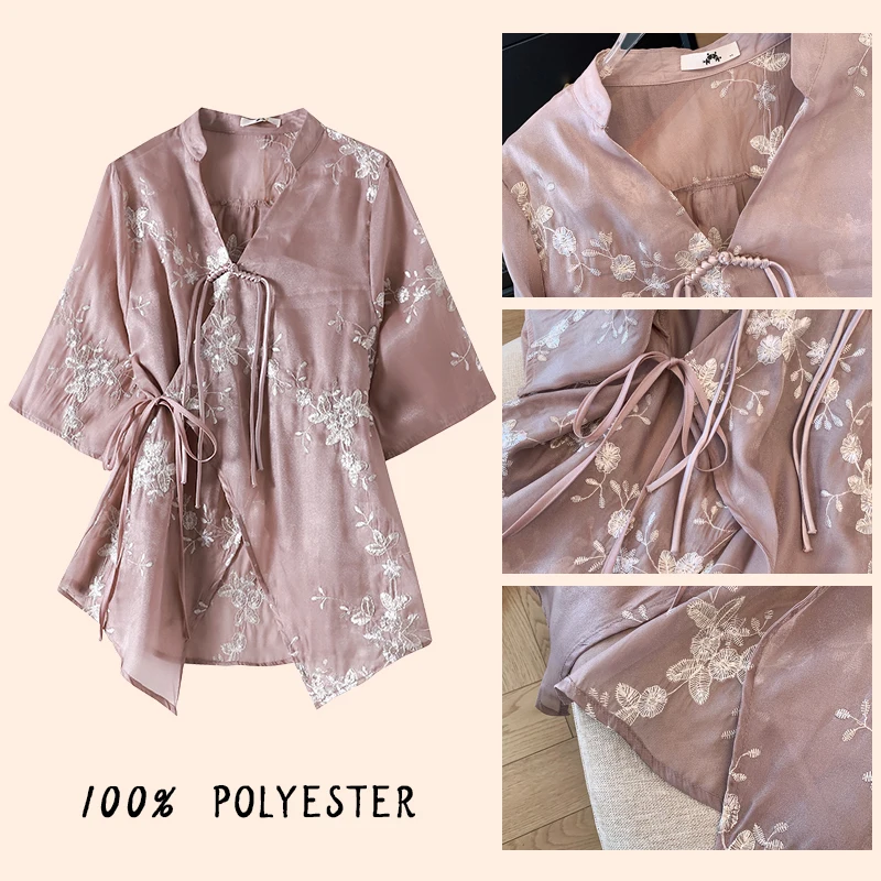 Robe d\'été décontractée en mousseline de soie pour femme, cardigan de style chinois confortable, haut léger et respirant, grande taille