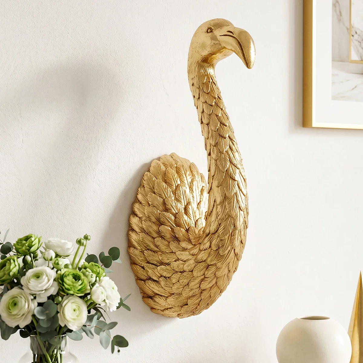 1 Stück, Goldener Flamingo Dreidimensionaler Wanddekor-Haken, Tier-Wanddekoration aus Kunstharz, Wohnzimmer-Dekoartikel – Detail 6