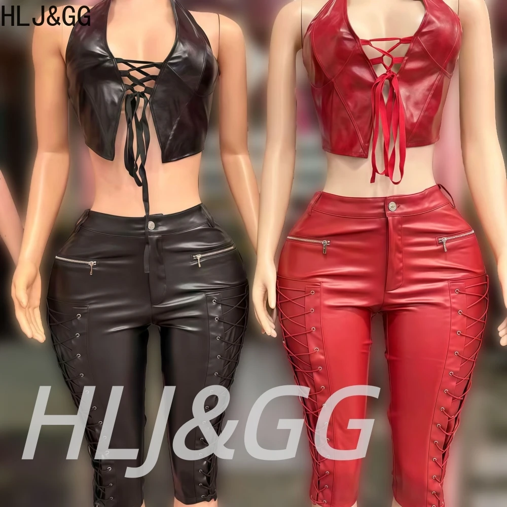 

HLJ&GG Sexy Leather Halter Hollow Bandage Two Piece Sets Women Sleeveless Backless Crop Top And Skinny Shorts Outfits Streetwear