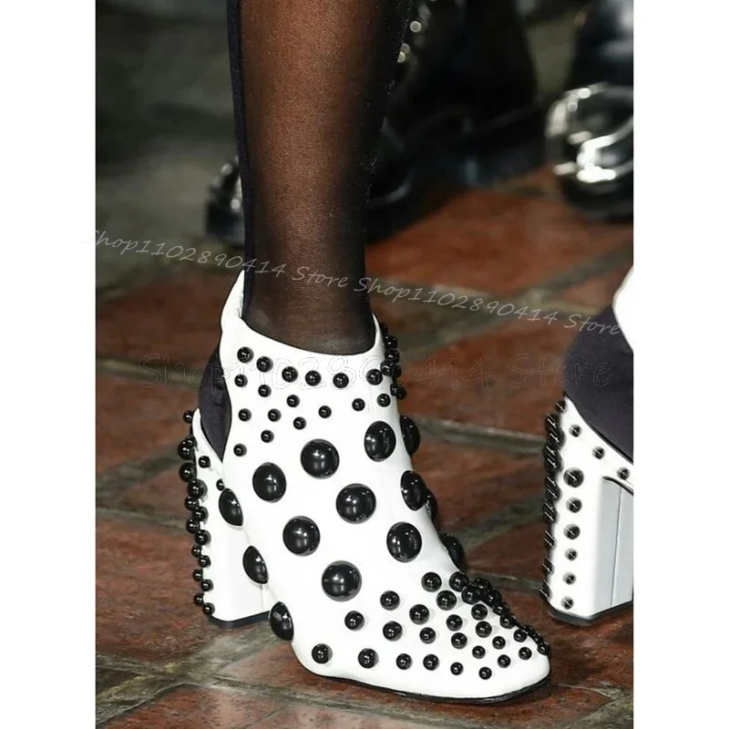 

Black Round Rivets White Square Toe Ankle Boots Elastic Band Women Shoes Chunky High Heels Sexy Banquet 2025 Zapatos Para Mujere