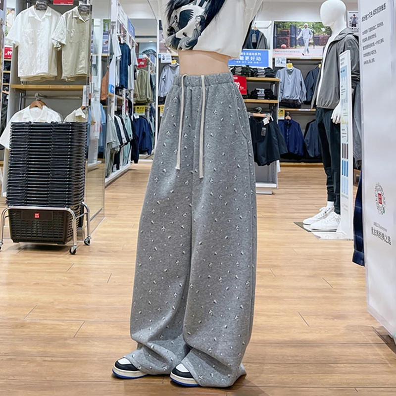 Harajuku floral cinza sweatpants feminino outono inverno estilo preguiçoso cordão perna larga calça coreano contrastante streetwear
