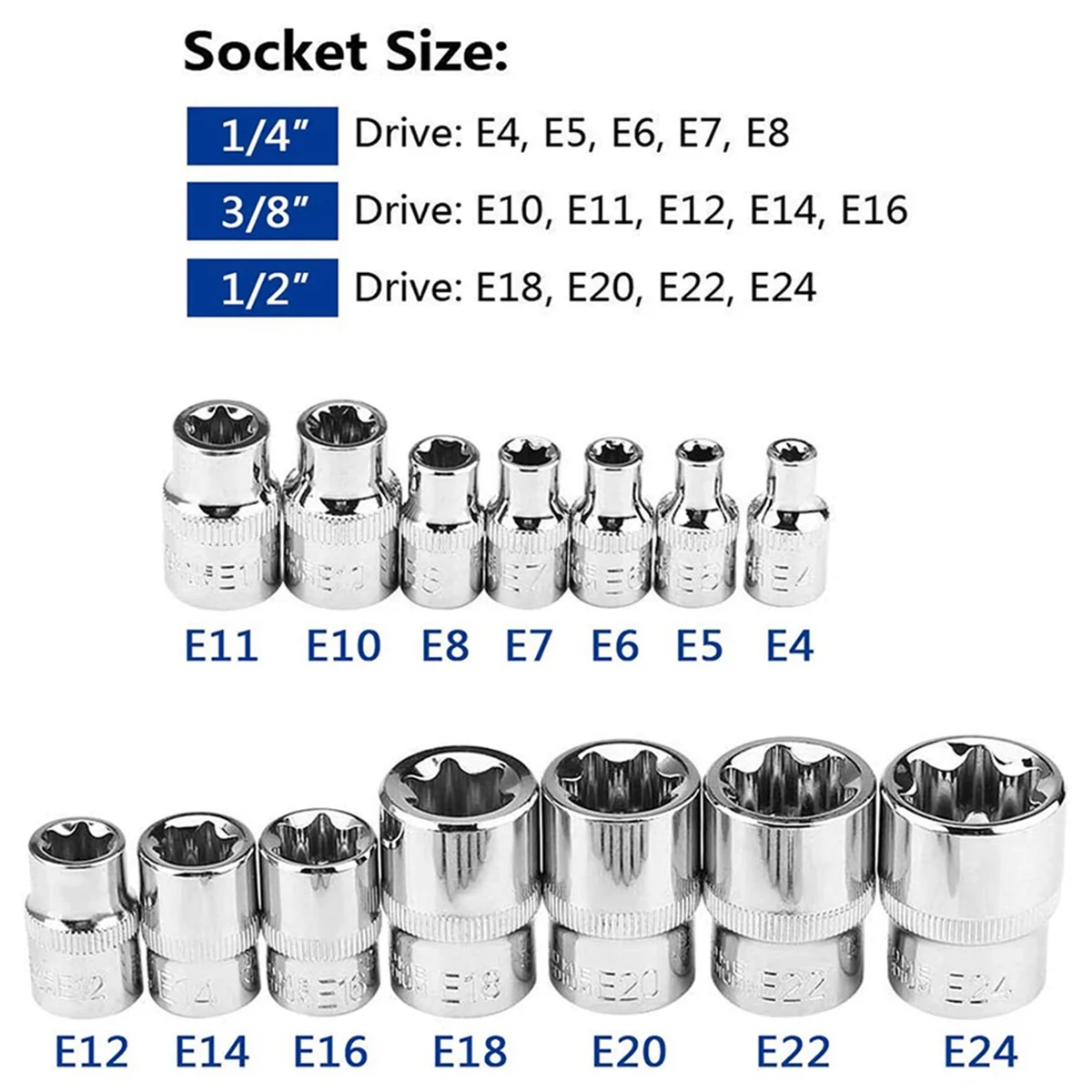 Torx Socket Set Tamper Proof Torx Star Bit Torque Female E-Socket Set E4-E24 1/4 Inch 3/8 Inch 1/2 Inch Drive 14Pcs