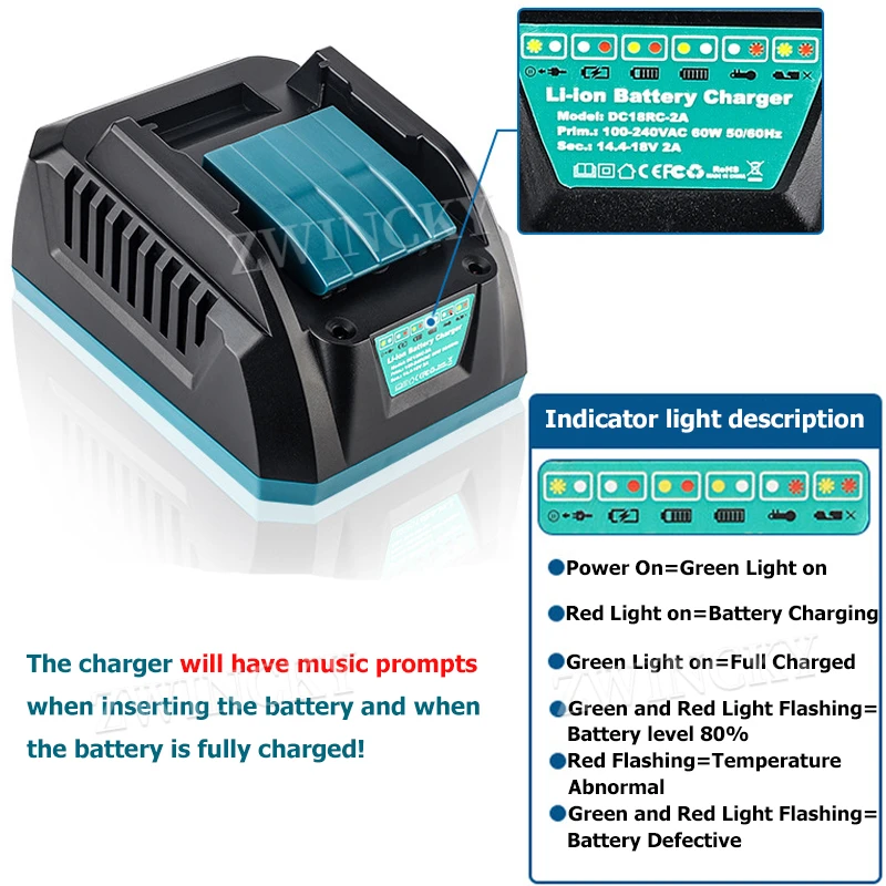 Real 2 A Charging Current DC18RC 14.4V 18V Li-Ion Battery Charger For Makita Bl1830 Bl1430 Power Tool Battery EU/US/UK/AU Plug