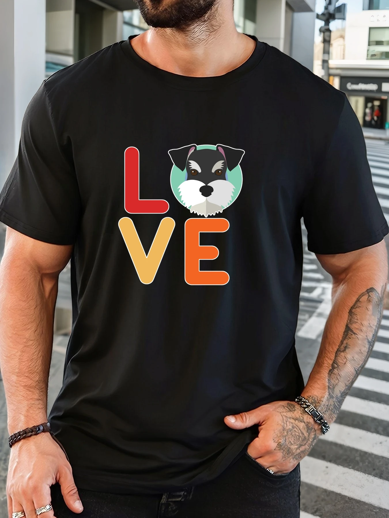 Men Black Crew Neck Tee Colorful Love Letter Mini Schnauzer Dog Head Cartoon Pet Lover Soft Cotton Male Casual Short Tops