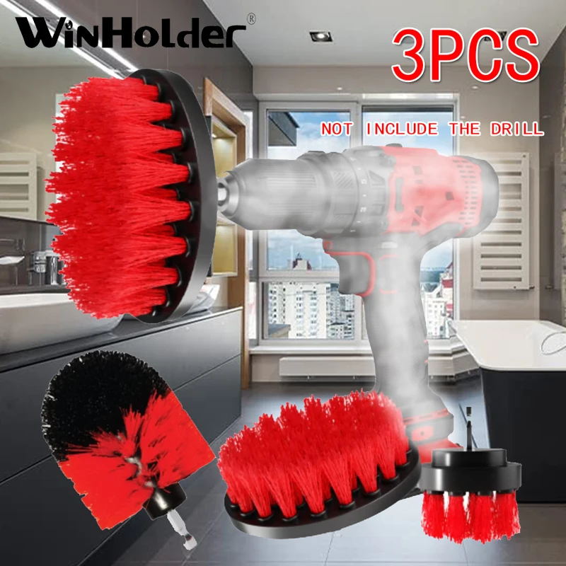 Winholder 3 Pack Electric Drill Brush Attachment For Bathroom Detailing Tile Grout Car Carpet Floor Kitchen Cleaner Tool Red