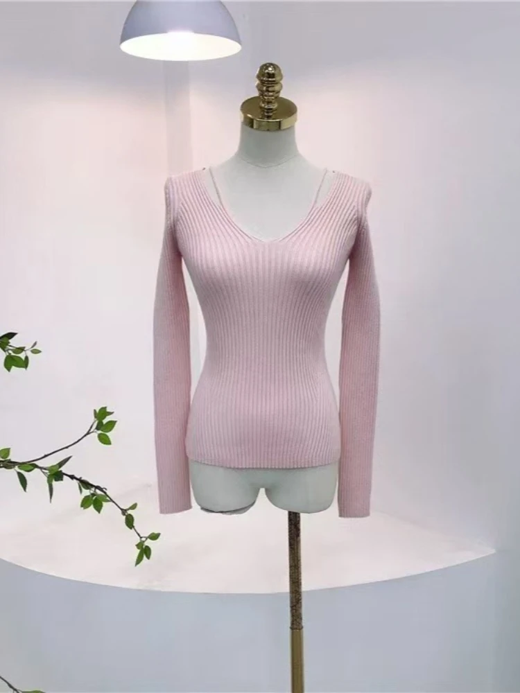

Pink Sexy V-neck Off Shoulder Base Top Women Harajuku Elegant Faux Two-piece Slim Fit Knitted Top Y2k Design Solid Clothes 2025