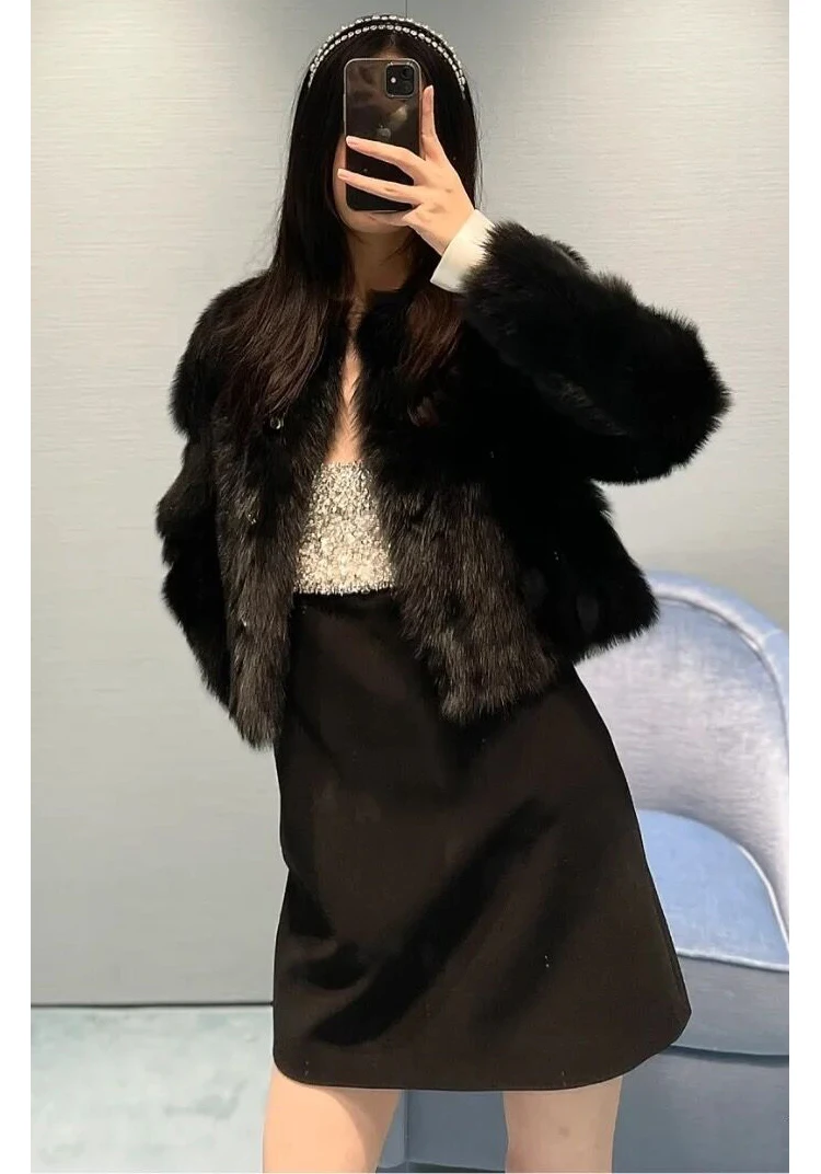 2022 Autumn and Winter New Fur Furry Coat Women's French Artificial Fox Fur Short Round Neck Long Sleeve Black Top Female