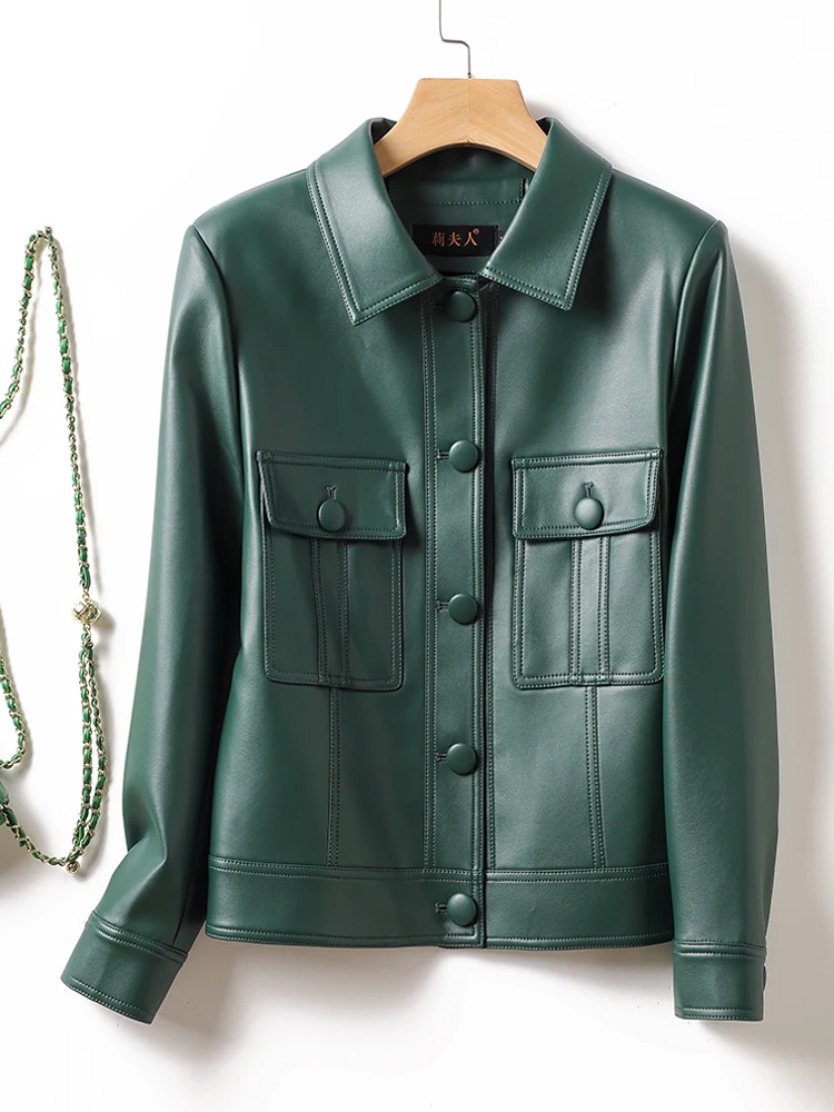   Giacca in Vera Pelle Ning per Donna, Stile Casual, Vestibilità Slim, Manica Corta, Cappotto in Pelle di Pecora, Novità Primavera-Autunno