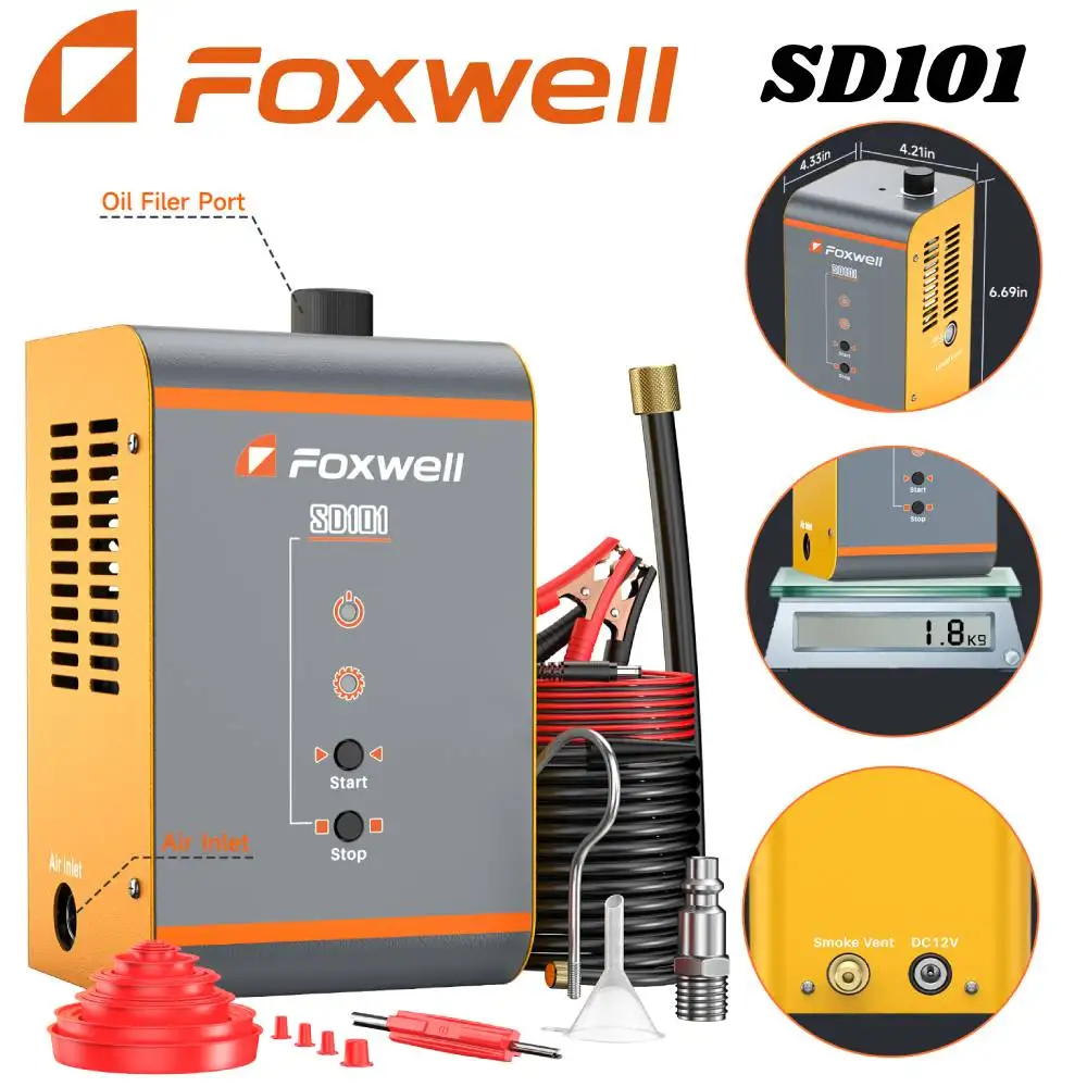 

FOXWELL SD101 Smoke Leak Detector 12V EVAP Smoke Inspection Tool Car Fuel Pipe Leak Detector Tester Auto Oil Pipe Smoke Generato