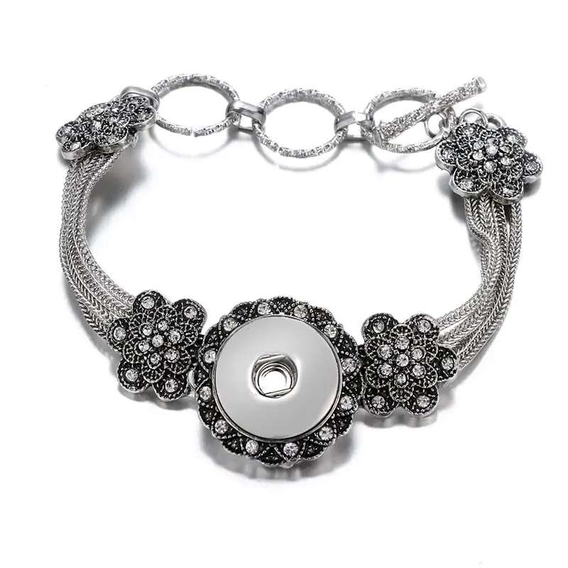 Beauty metal Flowers Crystal Vintage patterns snap bracelet bangle Adjustable circle buckle fit 18mm snap buttons DIY jewelry