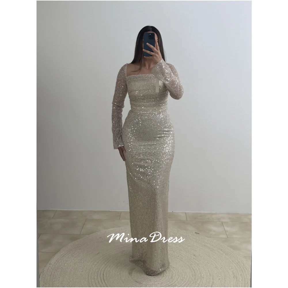 

Mina Customized Sequins Arabic Evening Dress Luxury Elegant Party Dresses Woman Beads Square Leader Back-length Long Sleeves