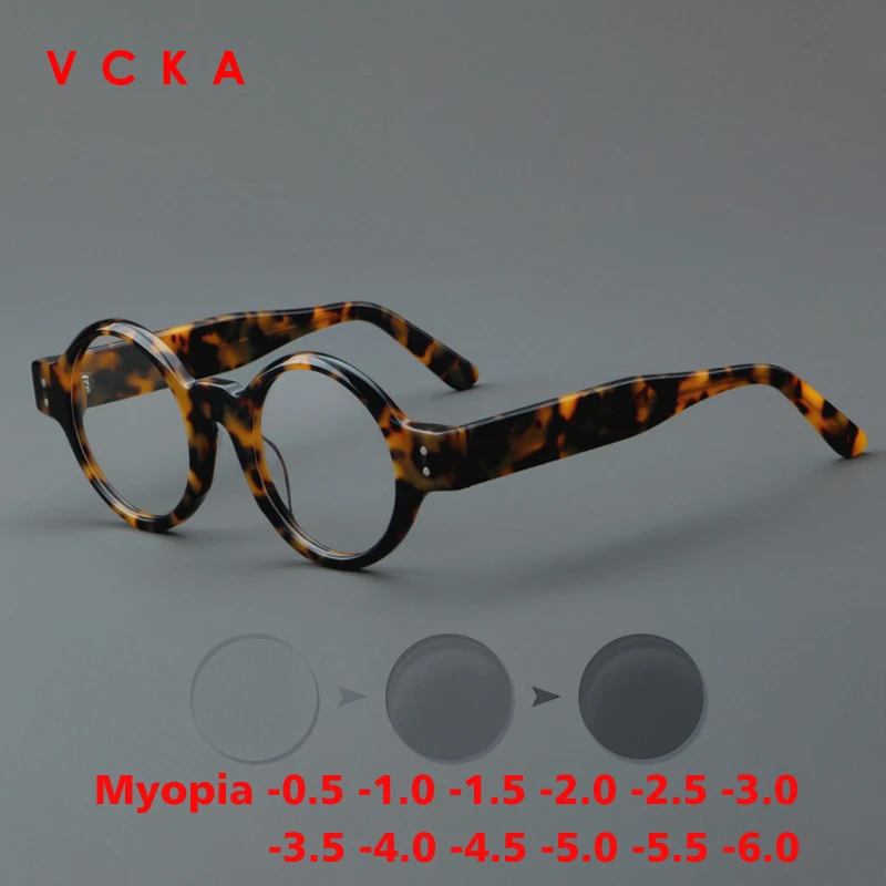 VCKA Vintage Acetate Myopia Anti-blue Discolor Glasses Frame Men Big Round Prescription Eyewar Women Spectacles -0.50 to -6.0