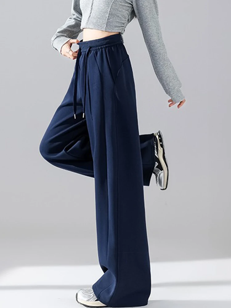 ゾキ プレッピースタイル ブラック スウェットパンツ レディース ヴィンテージ ハイウエスト ルーズ ストレートパンツ 韓国風 カジュアル 秋 レースアップ ワイドレッグ トラウザーズ 新作