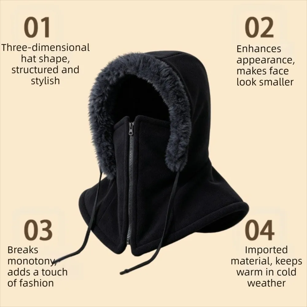 Neck Coverage Winter Thermal Mask with Drawstring Windproof Adjustable Half-Face Shield Warm Cap Plush Motorcycle Riding Hat