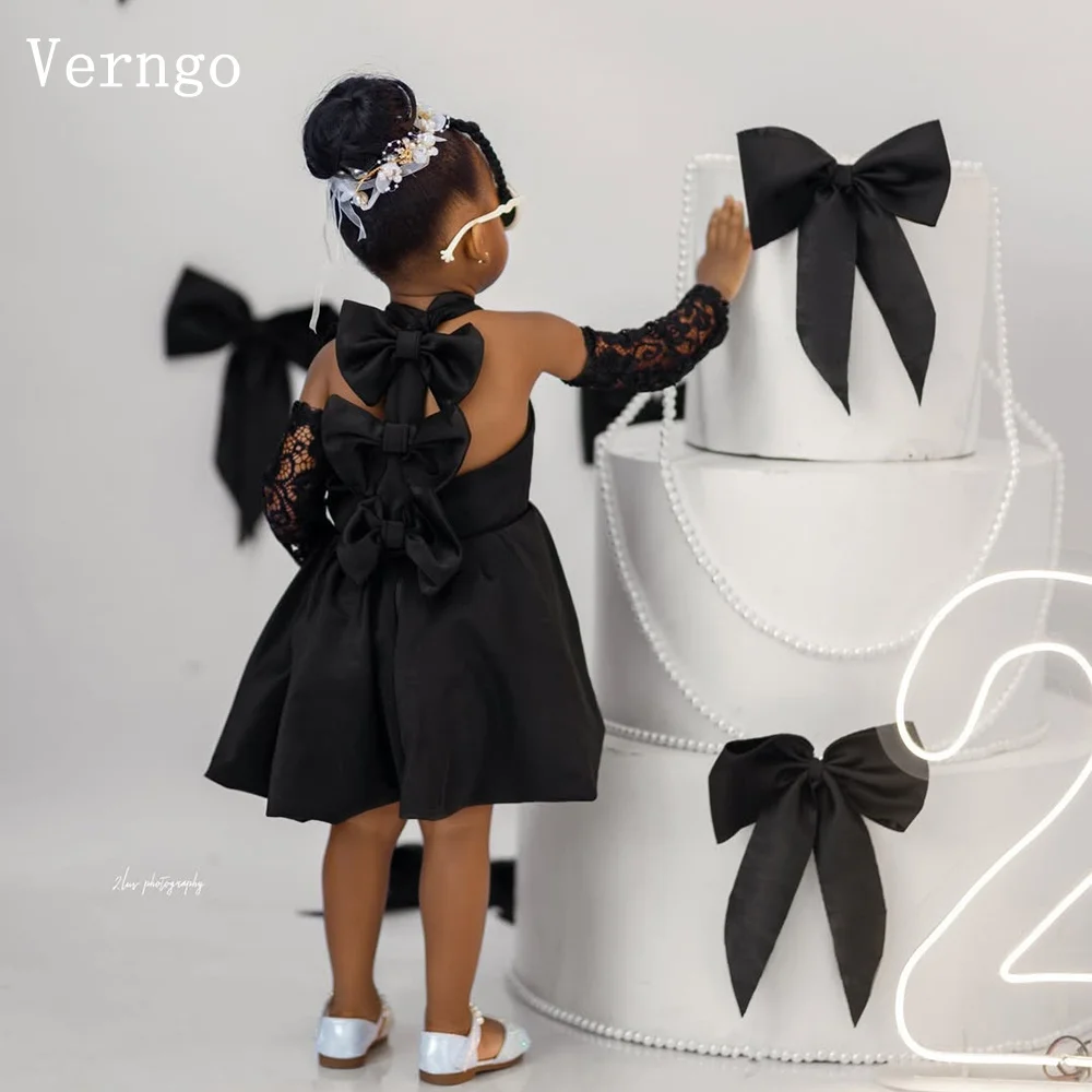 

Verngo Black Satin Girl Birthday Party Dress Halter A Line Bow Celebrity Dress Elegant Kid Flowers Dress Customized