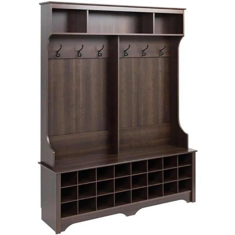 Brown Hall Tree, Shoe Cabinet, Storage Cabinet with 24 Shoe Cubbies and 6 Double Coat Hooks 15.5