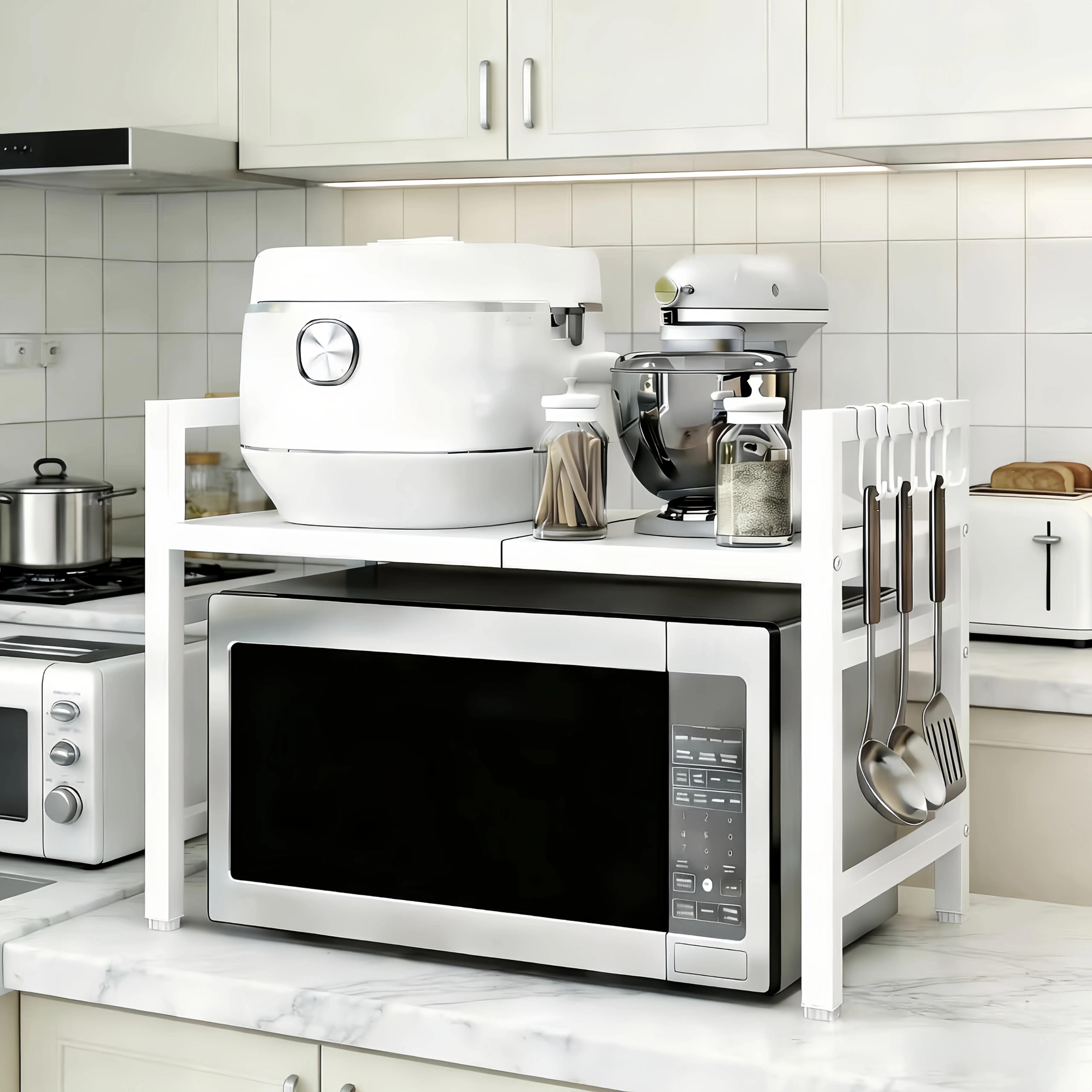 Space-Saving Adjustable Microwave Shelf, Multi-Functional Kitchen Counter Shelf. Thickened Metal, Strong Load Capacity.