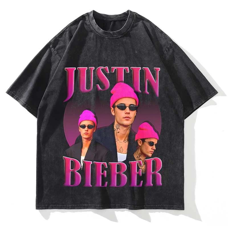 Summer Washed Men Women T Shirt JUSTIN BIEBER Graphic Printed Short Sleeve Oversized Crew Neck Fashion Streetwear T Shirt