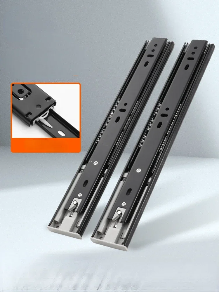 Heavy-Duty Soft-Close Drawer Slides - Automatic Three-Section Black Drawer Glide Tracks with Silent Rebound Mechanism