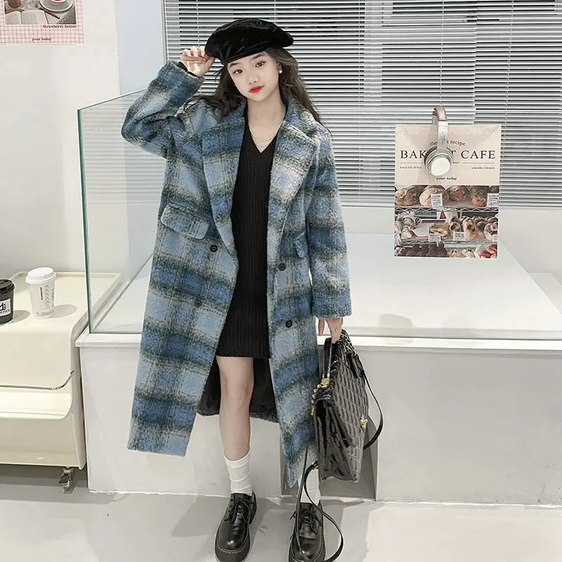 

teen Girls Wool Coats Autumn Winter Thick Warm Long Outerwear Tweed Children Overcoats 2023 Fashion Leopard Print Kids Clothes