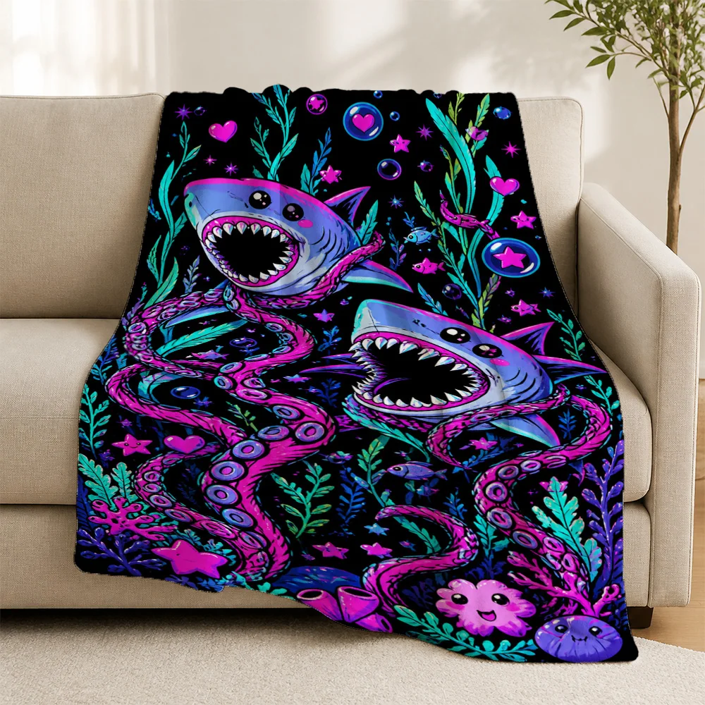 Vibrant Shark Print Throw Blanket Ocean Life Undersea Nautical Coastal Beach Decor Fleece Throw Sofa Couch Cover Gift Idea