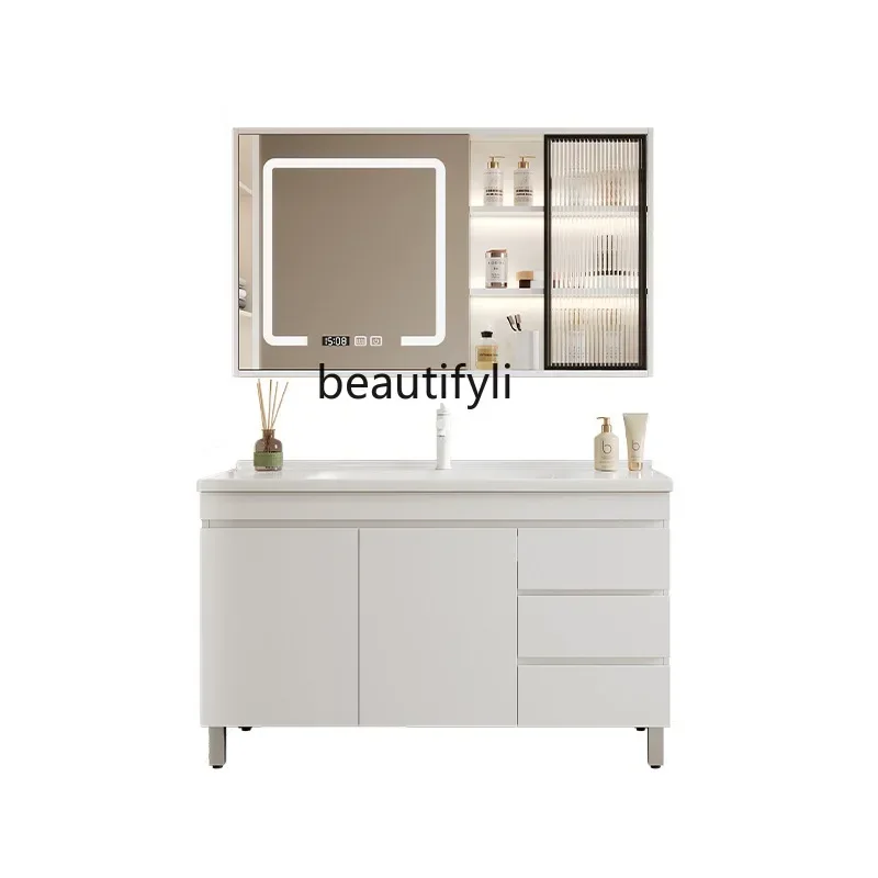 

Solid Wood Bathroom Cabinet Combination Washstand Bathroom Cabinet Ceramic Whole Washbin Smart Mirror