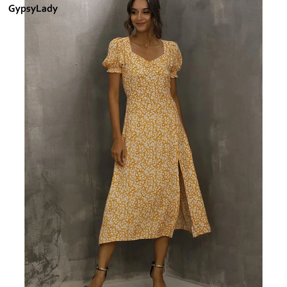 GypsyLady Yellow Floral Summer Dress Casual Vintage Women Midi Dresses Puff Sleeve Chic Split Sexy Ladies Girls Party Dress