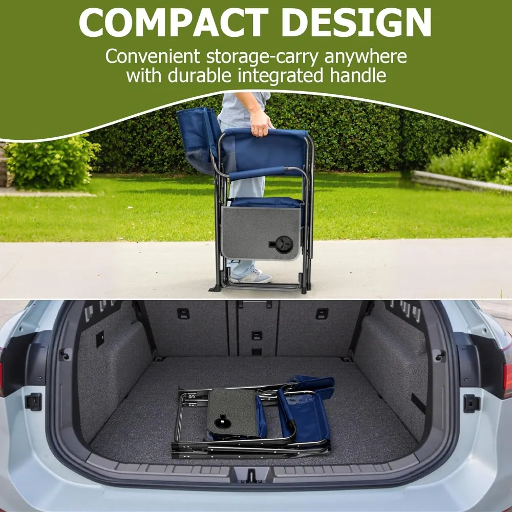 كرسي مدير التخييم المحمول القابل للطي كبير الحجم للبالغين مع طاولة جانبية وحقيبة تبريد شديدة التحمل لصيد الأسماك على الشاطئ في الهواء الطلق