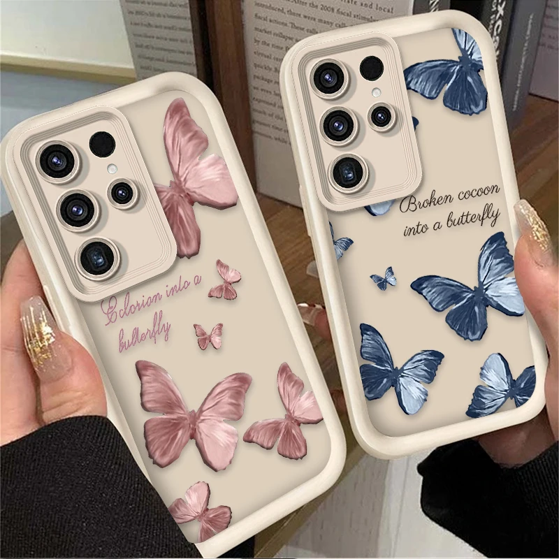 حافظة من السيليكون الناعم على شكل فراشة وردية لهاتف سامسونج جالاكسي S24 S25 S23 Ultra S22 S21 Plus FE A36 A56 A26 A16 A06 A15 A25 A35 A55 5G