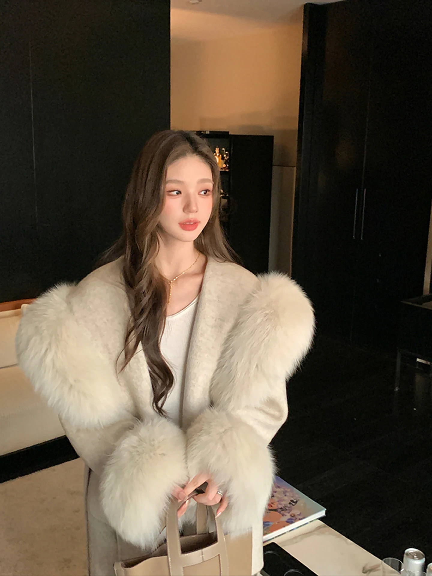 

Зимнее двустороннее пальто GG Wior Lover с меховым воротником, шерстяное, женское, корейский стиль, длинное, с длинными рукавами