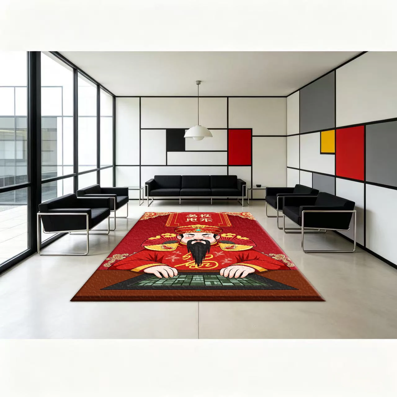 Traditional Chinese God of Wealth Carpet, Holiday Vintage Print Carpet, Suitable for Entryway, Living Room, Home Decoration