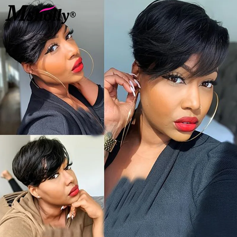 Brazilian Short Bob Pixie Cut Wig Human Hair Straight Natural Black Colored Wig Machine Made Bob Cut Glueless Wig Wear and Go