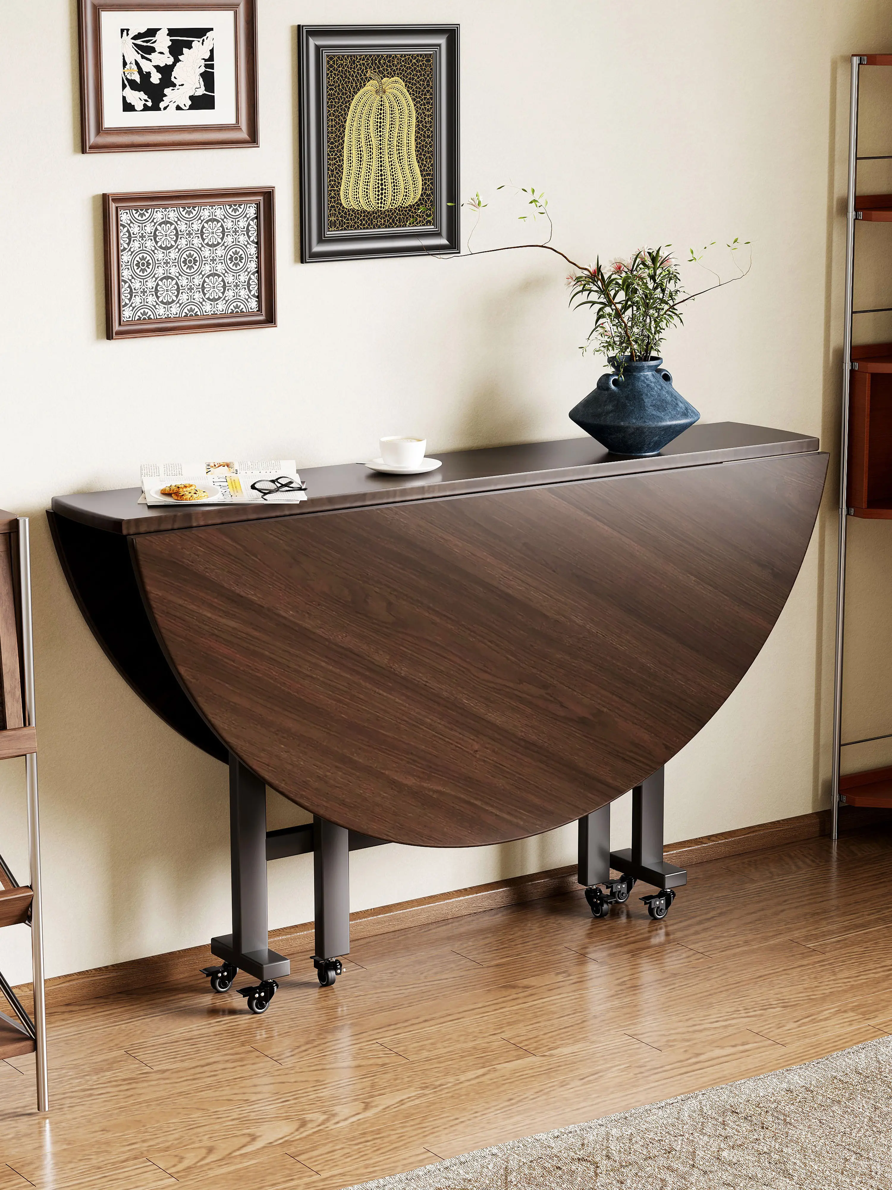Folding Table Round Table, Small Household Size, Movable 15-person Family Gathering with Turntable Large Dining Table