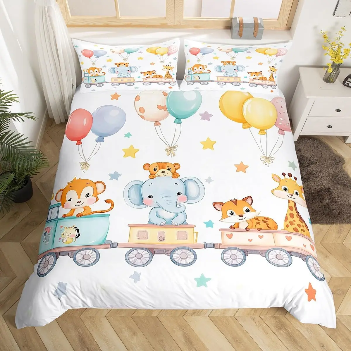 Cartoon Animal Duvet Cover Zoo Theme Bedding Set Cute Monkey Elephant Giraffe Crocodile Quilt Cover Woodland Wildlife Bed Set