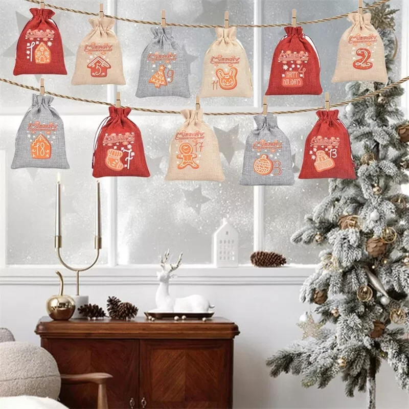 Multi-Color Gift Bags Eco-Friendly Reusable Hanging Countdown Bags Handmade Christmas Bags For Home Decor New Year 2025