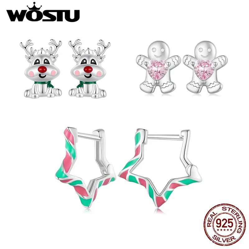 WOSTU 925 Sterling Silver Merry Xmas Gift Rainbow Star Earrings Crystal Gift Box Studs Christmas Pink Gingerbread Man Earring