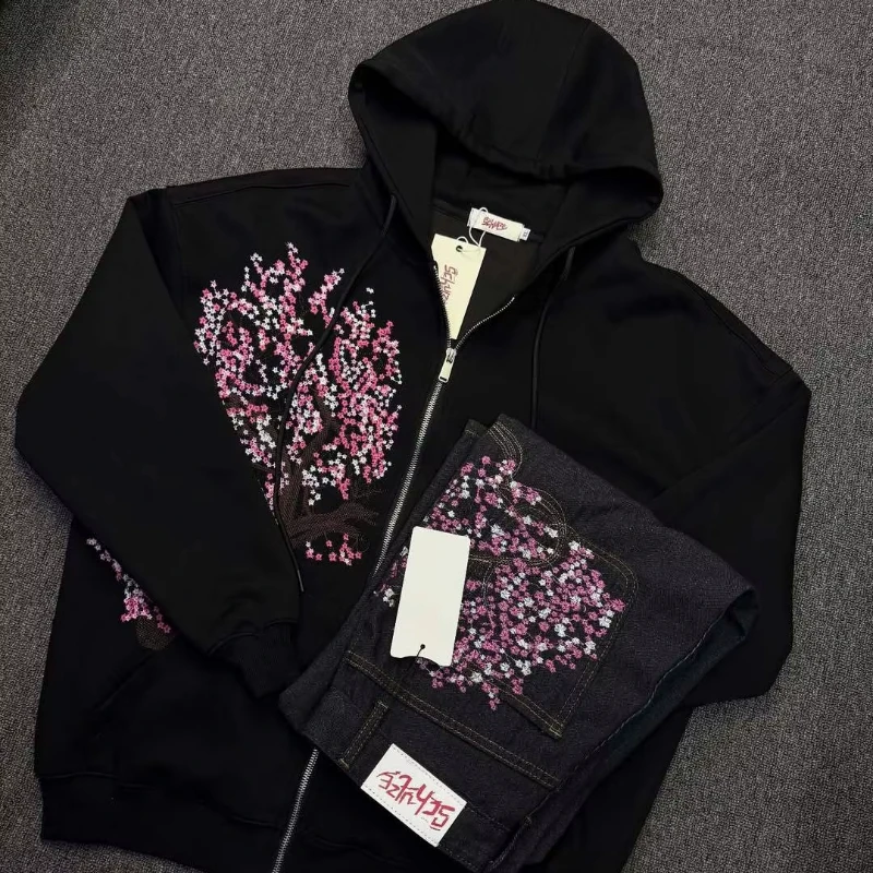 Personality Retro Trend Zipper Casual Hoodies Flower Tree Pattern Street Style Women Harajuku Goth Embroidery Y2k Relaxed Coat
