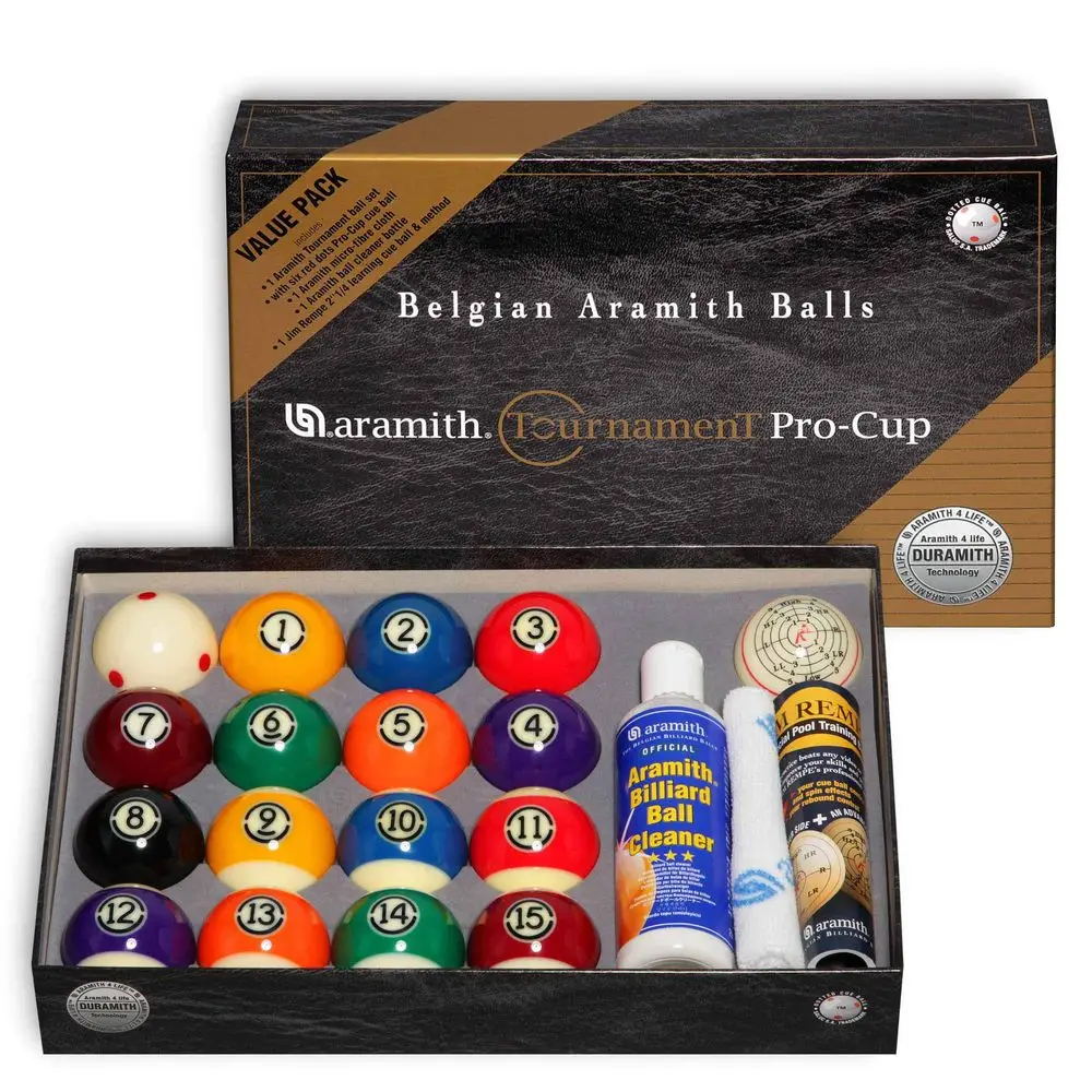 

Tournament Value Pack Billiard Pool Set 2 1 4 With Six Red Dots ProCup Cue Ball, MicroFibre Cloth, Cleaner, Jim Rempe Training