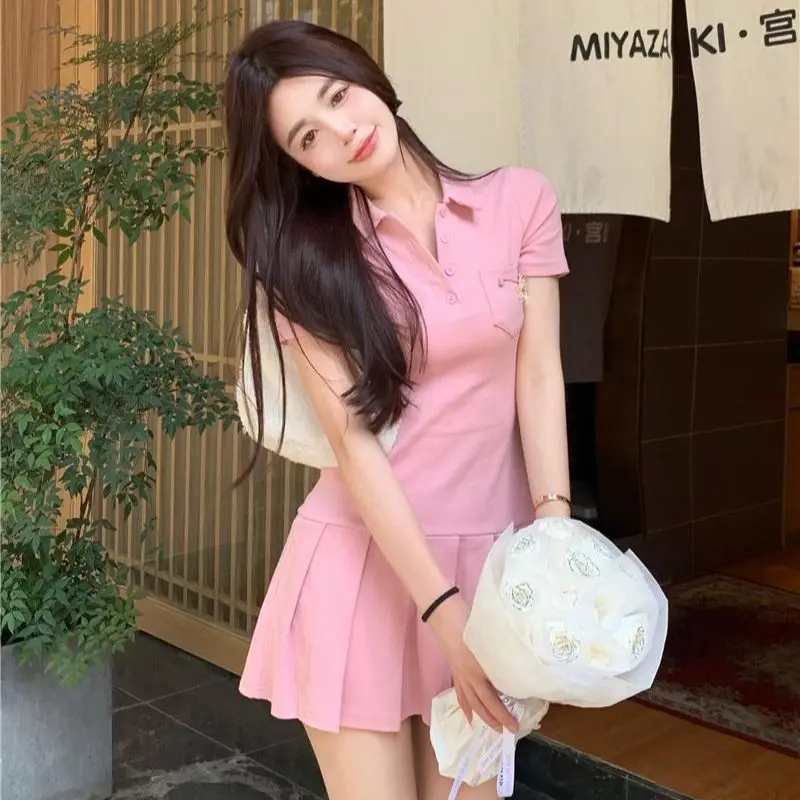 Lapel Button Pocket + Bear Pin Pleated A-Line Mini Female Dress Summer 2023 New Slim Sweet Spice Girl Fashion Casual Short Skirt