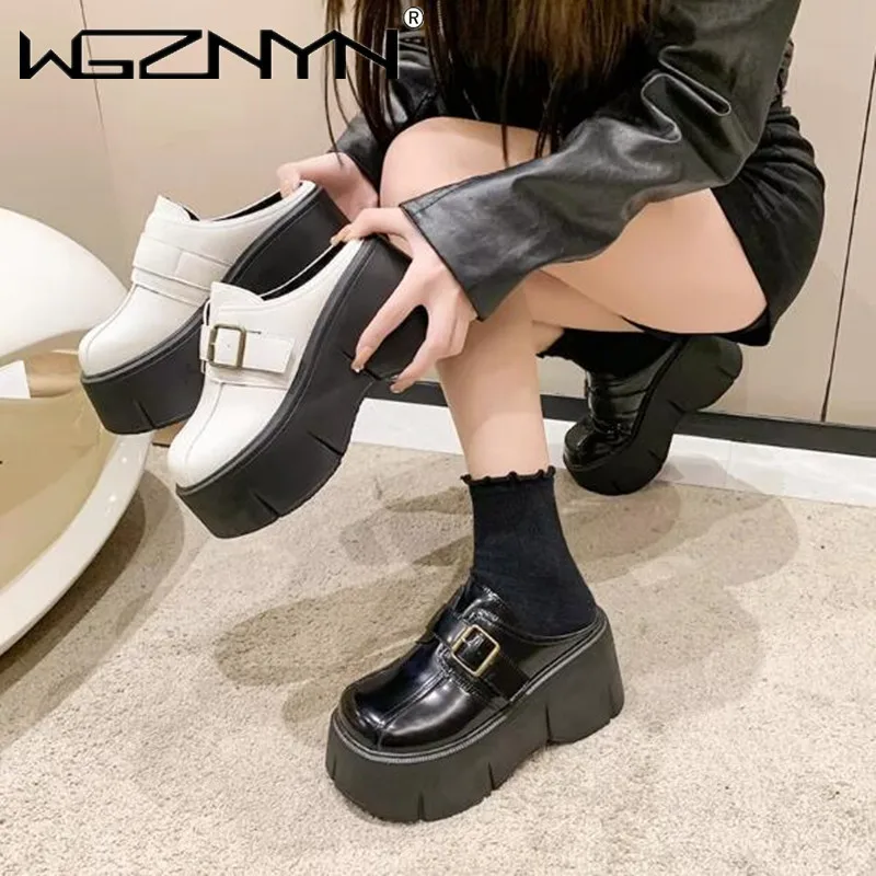 Winter Height Increasing Ladies 8cm Pu Leather Pumps Fashion Platform Wedge White Slippers New Women Slip on Casual Females Shoe
