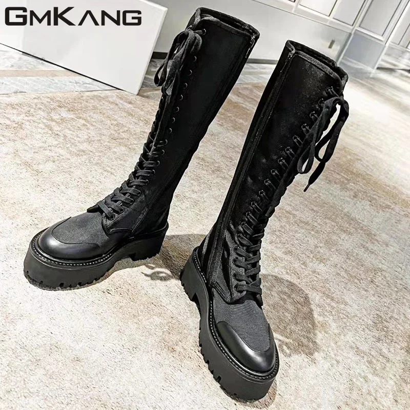 New Arrival gruba podeszwa buty motocyklowe damskie czarne sznurowane długie buty kobieta z okrągłym noskiem płaskie buty damskie buty do kolan na