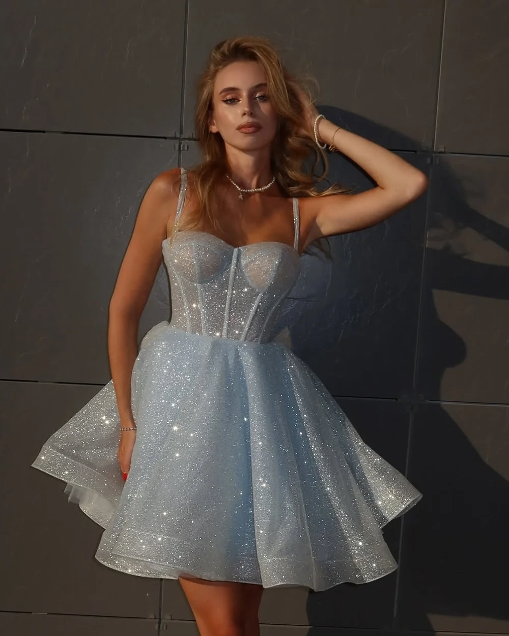 

Customized Classic Organza Pearl Sequined Ruched A-line Spaghetti strap Mini Dresses Bespoke Occasion Dresses Fashion Sparkle